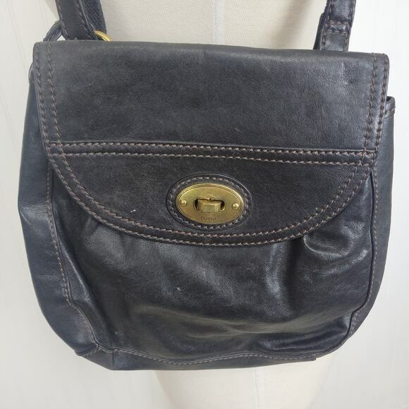 Vtg Fossil Carson Black Leather shoulder crossbody bag - Picture 2 of 10